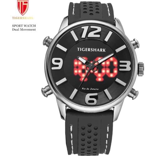 TIGERSHARK Brand Men Watches Fashion Rubber Strap Quartz Wristwatches LED Digital Watches 30M Water Resistant Male Clock