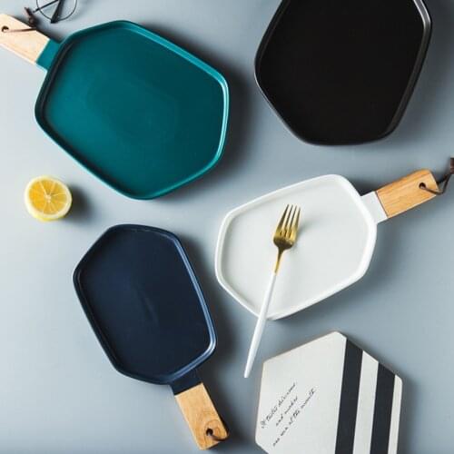 Home /Hotel Kitchen Food Ceramic Dishes Wooden Handle Tableware Western Breakfast Steak Flat Dessert Plate Western Dishes
