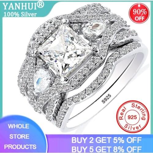 YANHUI New Design 3pcs in one 925 Solid Silver Wedding Rings Sets Bridal Classic Engagement Band Rings For Women Jewelry SR280