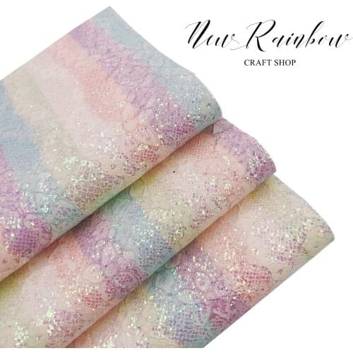 New Rainbow 22x30cm A4 sheet Pastel Rainbow Color Lace Chunky Glitter Faux Fabric For Bows, Accessories, Bags, Craft DIY