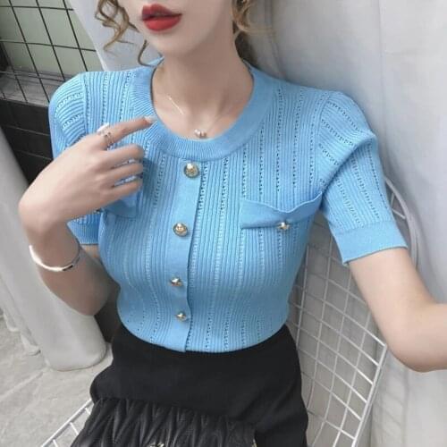 GGRIGHT 2021 Summer Tops Casual Hollow Out White Thin T Shirt Women Knitted Vintage Short Sleeve Woman Clothes Tee Shirt Femme