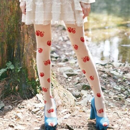 Cute Pomegranate Printed Pantyhose Girls Cute Socks Thin White, White Thick Section Nylon / Nylon Adult Socks No Crotch Cotton