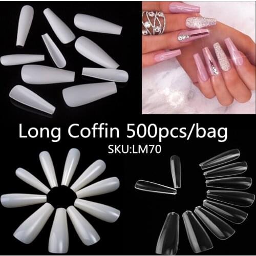 Lamemoria Fake Nails 500pcs Opp Bag White/Natural/Clear Long Stiletto Coffin Nails Ballerina Acrylic Full Cover False Nail Tips