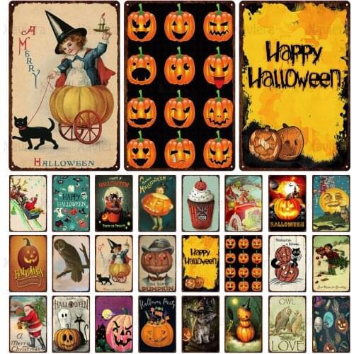 Halloween Wall Art Poster Tin Sign Metal Vintage Plaque Iron Plates Pumpkin Lantern Wall Decor for Bar Pub Club Home Decoration