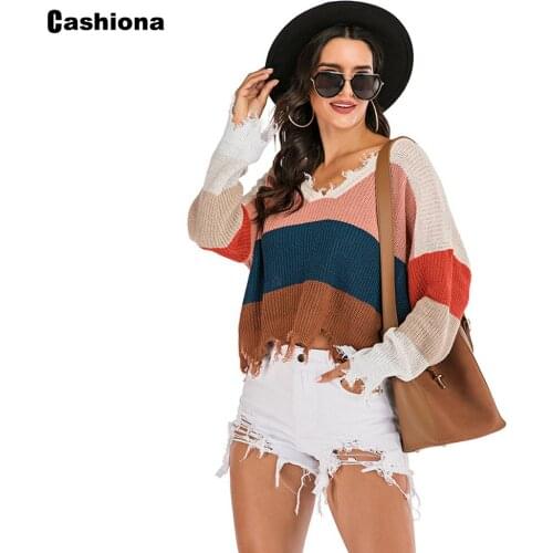 Cashiona Women New Patchwork Knitted Sweater Top Ripped Tassel Jumper Pullovers Loose Fashion 2021 Spring Autumn Women Clothing
