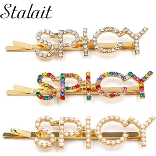 Letter SPICY Fresh Pearl Rhinestone Hair Clip Hair Barrette Hairpin Accessories For Women Girls Gifts Jewelry