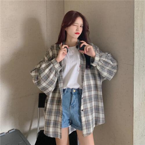 HOUZHOU Plaid Shirts Women Long Sleeve Cardigan Vintage Top Black Checked Shirt Cute Button Up Oversize Korean Fashion Blouse