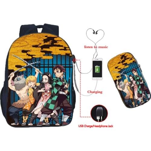 Demon Slayer USB Backpack and Pen Bag 2pcs-Set Anime Kimetsu No Yaiba School Bag Kamado Tanjirou Nezuko Teen Laptop Travel Bag