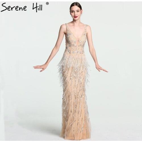Sexy Deep V-neck Crystal Beads Long Evening Dresses 2020 Hot Sale Floor Length Prom Dress Party Dubai Serene Hill BLA6104