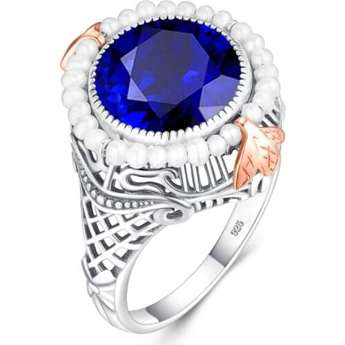 Szjinao Pearl Rings For Women With Blue Sapphire Gemstone Silver 925 Ring Engagement Elegant Rose Gold Plated Leaf Jewellery New