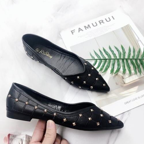 Web celebrity pointed toe flats soft bottom folding ballet shoes woman rivets sewing plaid casual loafers lady black work shoes