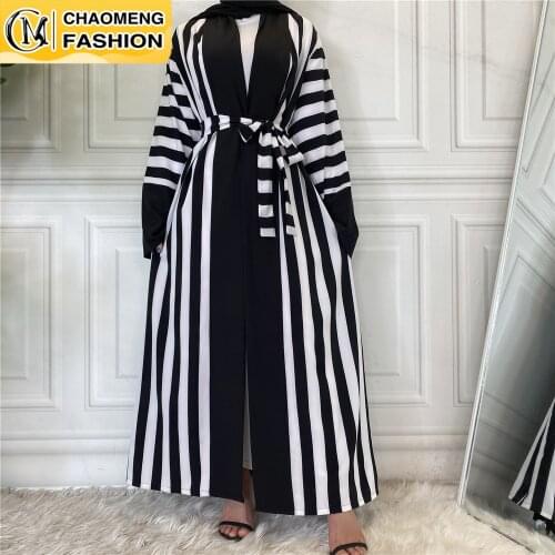 Modest Abaya Dubai Fashion Stripe Printing Kimono Robe Muslim For Women Kaftan Turkish Islamic Clothing Arabic Ramadan Cardigan