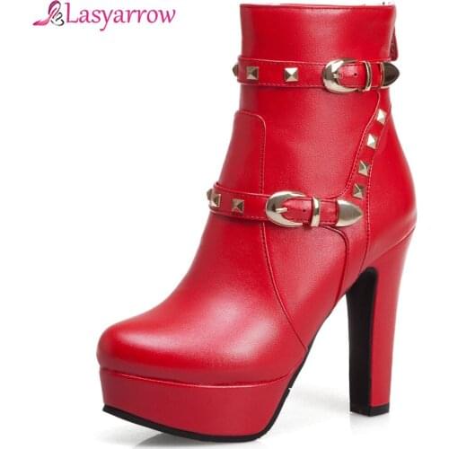 Lasyarrow 2019 Fashion Platform Ankle Boots Women Shoes Rivet Buckles High Heel Zip Party Shoes Woman Boots Female booties J1003
