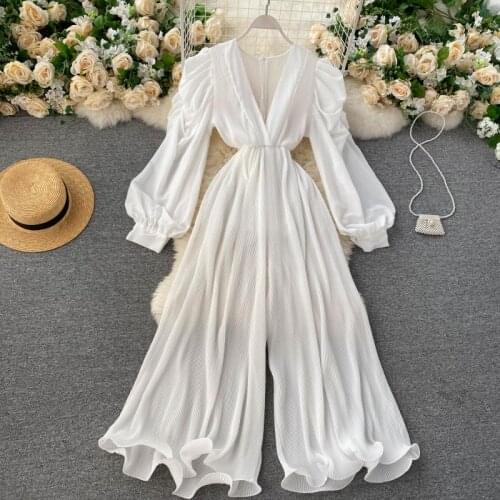 Street Chic Women V-neck Lantern Sleeves Pleated Chiffon Wide Leg Jumpsuit Popular Trendy Ruffled Jumpsuit