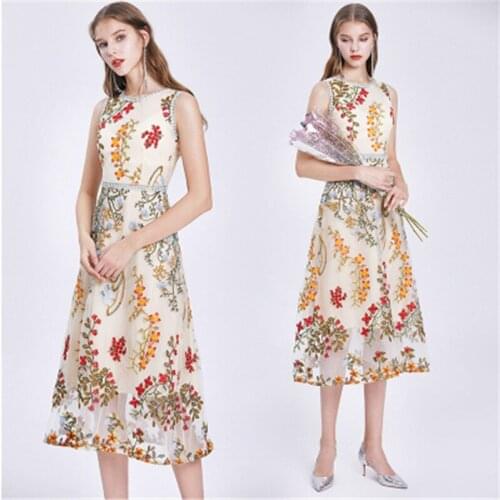 New 2021 Summer Elegant Womens Floral Embroidery Dress Sleeveless Tank Mesh Slim Dresses Female Bohemia vacation Beach Vestido