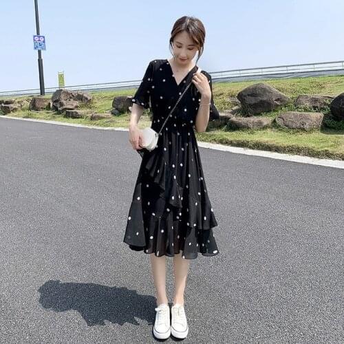 Women Summer V Neck Polka Dot Print Wrap Dress Ruffle Short Sleeve Midi Black Swing Dress High Waist Loose A Line Dresses New