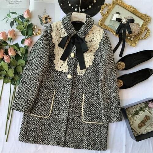 Winter Fashion Plaid Coat for Girls Elegant Lace Bowknot Girls Jacket Warm Wool Blends Childrens Coat
