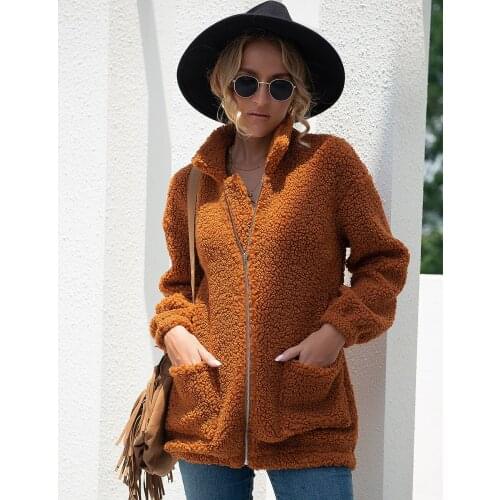 Winter Lamb Wool Fleece Jacket Streetwear Women Zipper With Pocket Thick Warm Coats Jackets Casual Loose Autumn Coat 2021