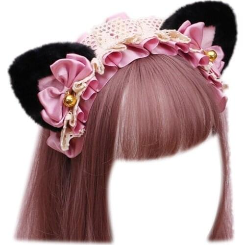 Women Anime Lolita Cosplay Animal Headband Cute Plush Cat Ears Ruffled Lace Ribbon Bowknot Bell Hair Hoop Masquerade Party Headp