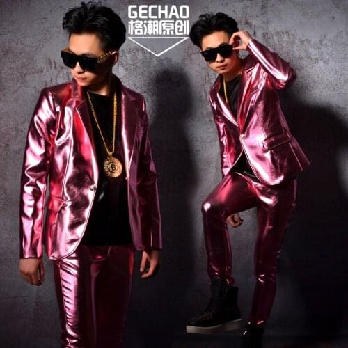 Hot 2020 New Men Clothing Fashion Slim Dj Pink Pearl Pu Leather Suits Plus Size Male Dress Singer Stage Costumes