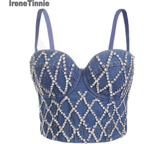 Irene Tinnie Sexy Charming Denim Jeans Diamonds Womens Bustier Bra Night Club Party Cropped Top Vest Plus Size