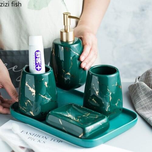 Ceramic Glossy Marble Bathroom Accessory Set Washing Tools Bottle Mouthwash Cup Soap Toothbrush Holder Tray Home Hotel Wash Set
