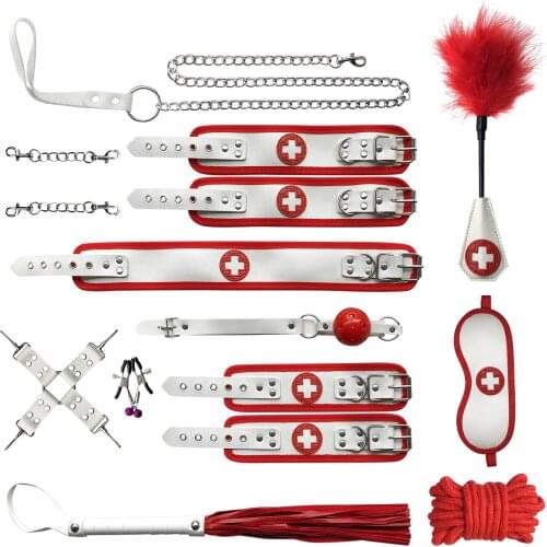 NUANQIN Flirty Nurse Bondage Boutique Leather Bondage Kit (11 Pieces) SM Bondage Adult Toys
