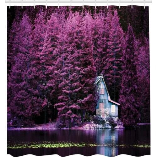 Lavender Shower Curtain Purple Trees by a Lake with Blue Wooden Rustic Lakehouse Lodge Romantic Spring Nature Fabric Bathroom