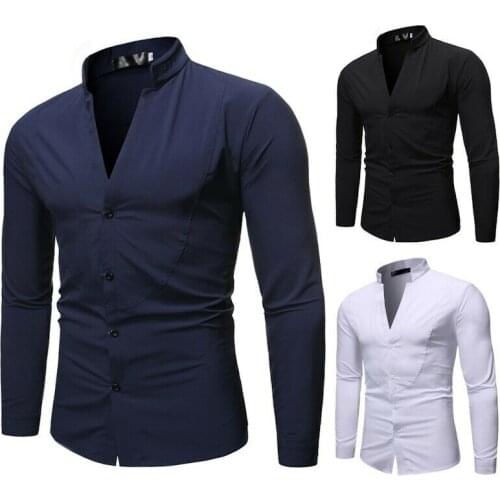 Mens casual shirt V neck long sleeve shirt slim western style plain new DXM-0012