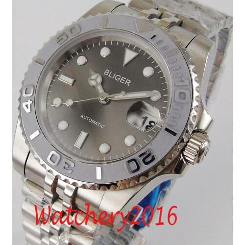 BLIGER 40mm Grey dial luminous hands Sapphire Glass full jubilee stainless steel NH35 automatic movement Mens Watch