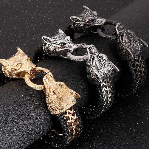 Hip Hop Double Wolf Lion Head Mens Bracelets 23CM Long Vintage Braided Genuine Leather & Stainless Steel Skull Bracelet Men RTS