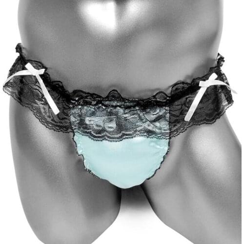 Mens Sissy Soft Satin Lingerie Panties Ruffled Lace Frilly Bowknot High Cut Low Rise Bikini G-String Thong Male Underwear