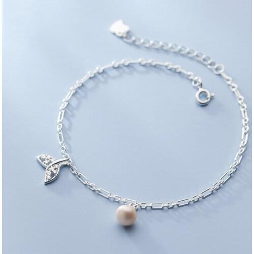 Real 925 Sterling Silver Zircon Fish Tail Bracelet For Fashion Women Party Cute Animal Fine Jewelry Pearl Accessories