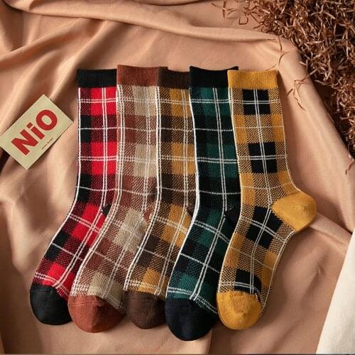 Plaid Crew Women Sock Japanese Ladies Socks Green Unisex Casual Warm Cotton Soft Striped Girls Autumn Winter Vintage Skarpetki
