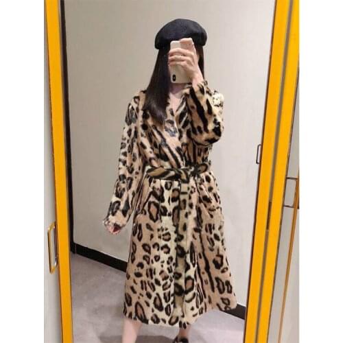 New leopard-print imitation fur coat cotton-padded long plush coat womens coat belt windbreaker fur coat women faux fur bag