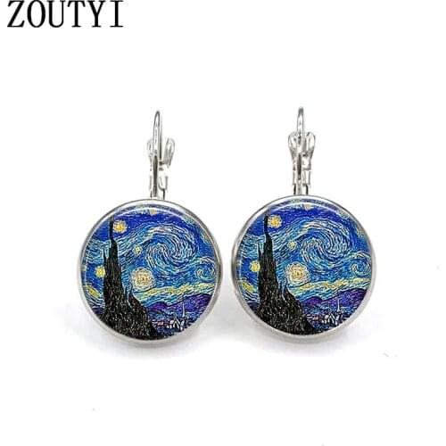 New / Van Gogh Painting Starry Star Earrings Starry Night Earrings Van Gogh Womens Jewelry Round Crystal Dome Earrings