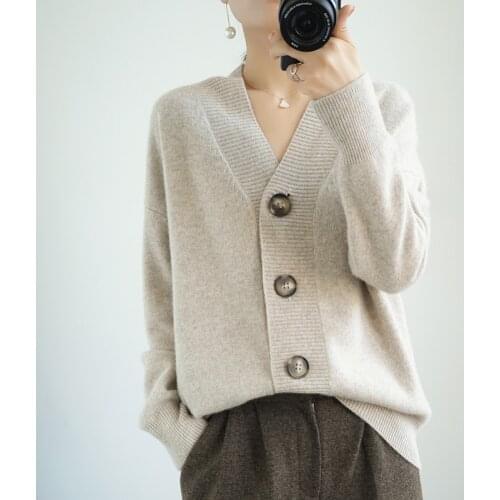 Casual loose 100% pure wool sweater full sleeve knitted ladies cardigan jacket cashmere sweater new products Spring and Autumn