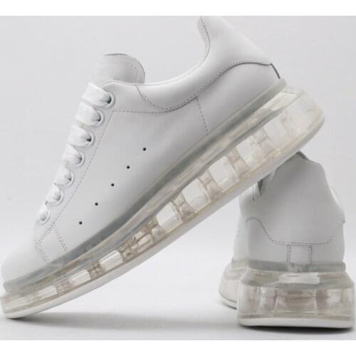 Luxury leather sneakers clear sole and two-tone design front lace-up fastening chunky rubber sole platform heels round toe shoes
