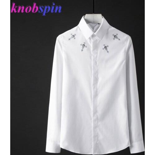 2019 Brand Slim Shirt men Cross Skull design Solid color long sleeve Camisas masculina Plus size 4XL Business male Dress Shirts