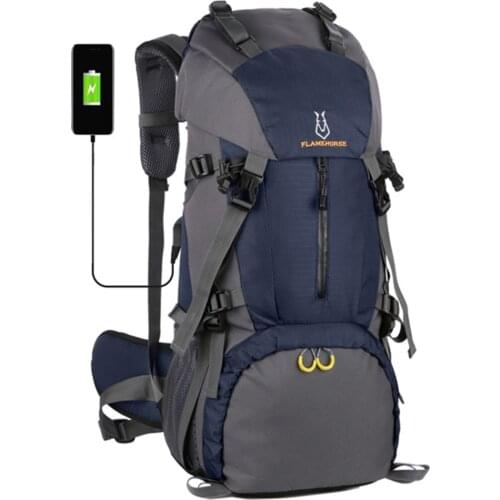 60L Water-resistant Hiking Backpack with USB Charging Port for Outdoor Camping Mountaineering Trekking Bag Multiple Pockets