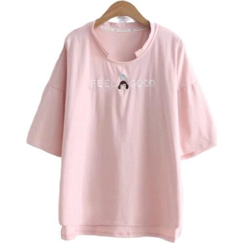 XUANHAO Funny Pattern Short Sleeve T-Shirts Women Casual Letters Embpridery Cotton Summer T Shirt All-Match Pink Tee Shirt