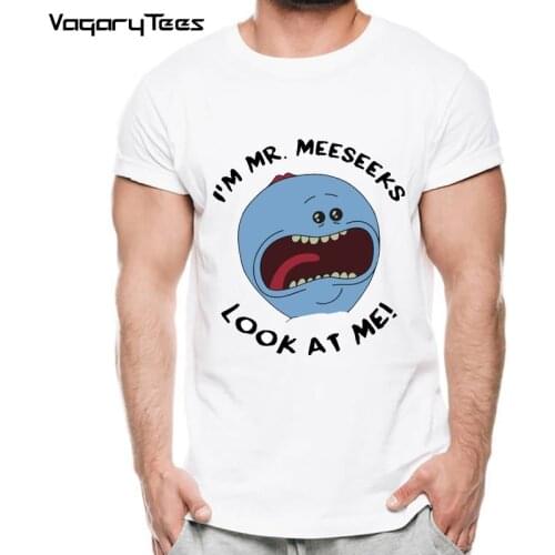 Funny Happy Mr. Meeseeks Look At me Printed T-Shirt Mens Cartoon Customied T Shirt High Quality Male Hipster Tee Tops