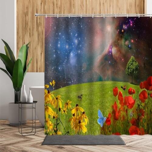 3D Universe Galaxy Flower Shower Curtain Butterfly Floral Fantasy Night Scene Hanging Curtain For Bathroom Home Decor Waterproof