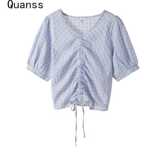 Quanss Summer Plaid Short Sleeve T Shirt Womens 2021 V Neck Draw String Korean Fashion Crop Top Sweet Shirring Casual Tshirt