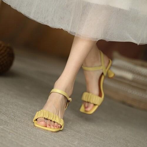 2021 Spring Summer New Sweet Sandals for Girls Genuine Leather High Heels Pumps Concise Party Wedding Shoes Woman