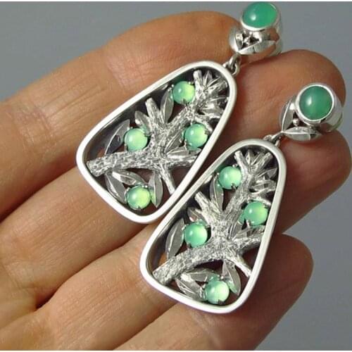 Hot Creative Vintage Tree Shaped Earrings for Women Silver Color Green Crystal Hollow Dangle Drops Earrings 2020 New Arrivals