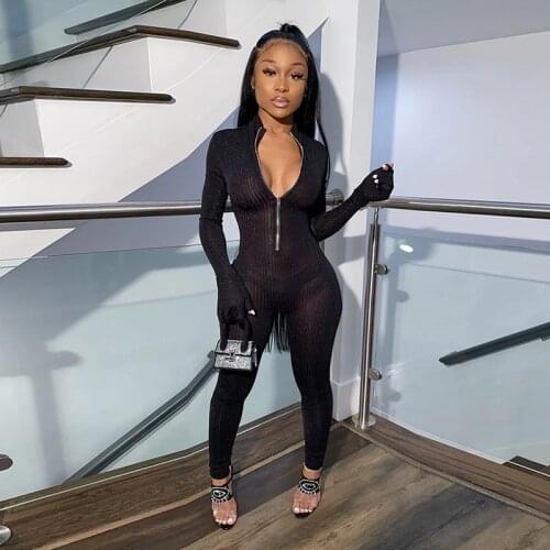 High Street Party Body Mujer 2020 New Women Elegant Translucent Slim Sparkling Elastic Jumpsuit Long Sleeve Zipper Sprot Fitness