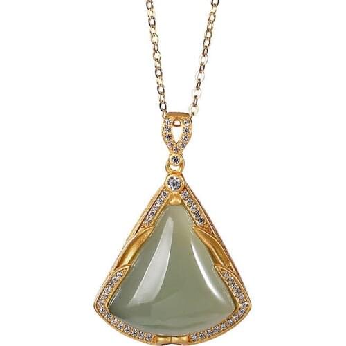 S925 sterling silver gold plated Natural Hetian jade Gray jade Pendant Retro Geometry Triangle Womens pendant