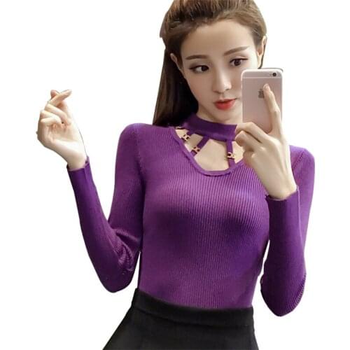 2021 Autumn Sexy Women Sweater And Pullover Hollow Round neck Female Tops Casual Solid color Knitted Pullovers Pull femme