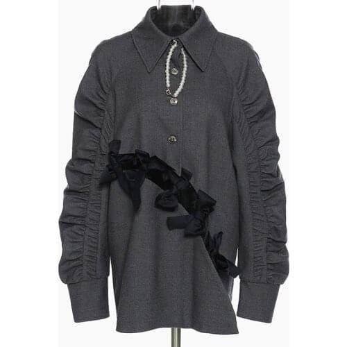 Women Colorblock Wool Coat Oversize Loose Bow Hollow Out Ruched High Street